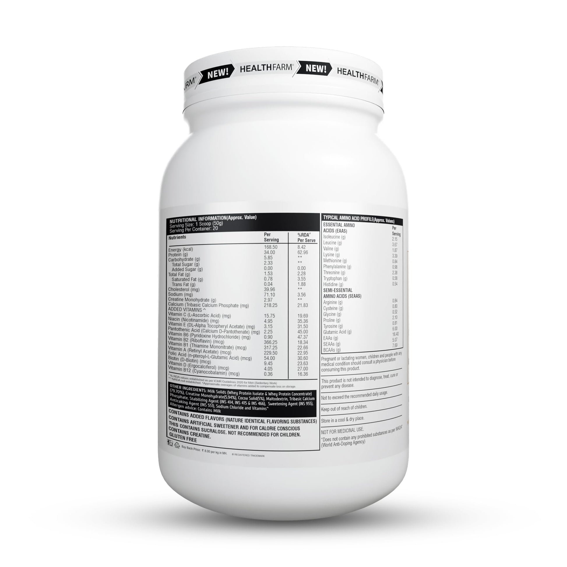 HEALTHFARM Nitra Whey Protein Powder, Belgian Chocolate, 1kg, 34g Protein, 3g Creatine, Whey Isolate & Concentrate Blend - ba
