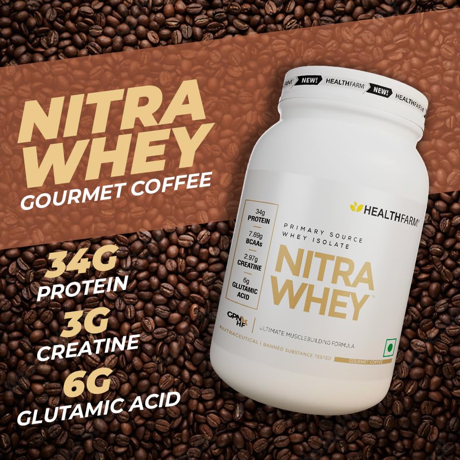 HEALTHFARM Nitra Whey Protein Powder, Belgian Chocolate, 1kg, 34g Protein, 3g Creatine, Whey Isolate & Concentrate Blend - in