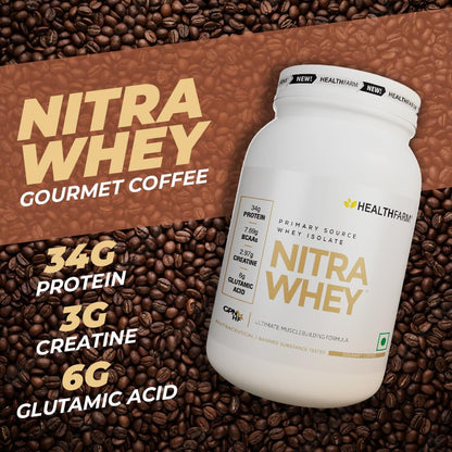 HEALTHFARM Nitra Whey Protein Powder, Belgian Chocolate, 1kg, 34g Protein, 3g Creatine, Whey Isolate & Concentrate Blend - in