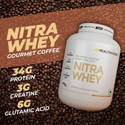 HEALTHFARM Nitra Whey Protein Powder, Belgian Chocolate, 1kg, 34g Protein, 3g Creatine, Whey Isolate & Concentrate Blend - cl