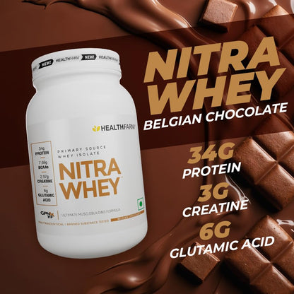 HEALTHFARM Nitra Whey Protein Powder, Belgian Chocolate, 1kg, 34g Protein, 3g Creatine, Whey Isolate & Concentrate Blend - in