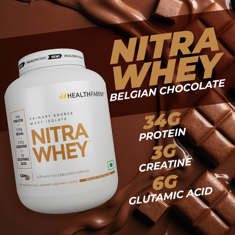 HEALTHFARM Nitra Whey Protein Powder, Belgian Chocolate, 1kg, 34g Protein, 3g Creatine, Whey Isolate & Concentrate Blend - si