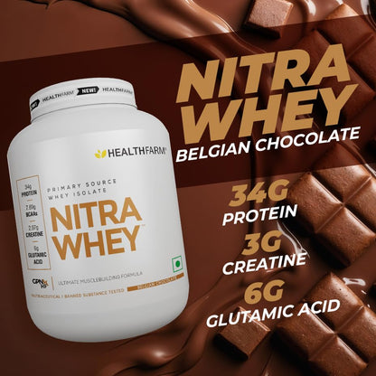 HEALTHFARM Nitra Whey Protein Powder, Belgian Chocolate, 1kg, 34g Protein, 3g Creatine, Whey Isolate & Concentrate Blend - si