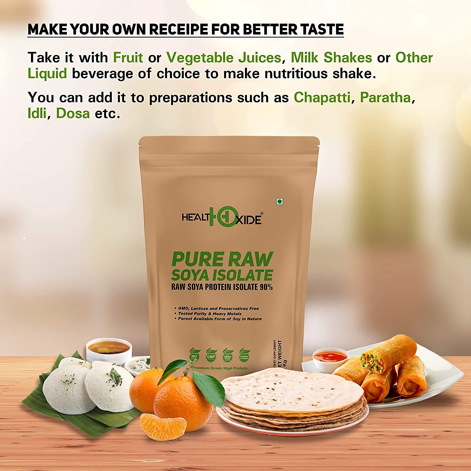 HEALTHOXIDE Soya Protein Isolate Powder, 90% Protein, 1kg, Vegan, Dairy-Free, Gluten-Free, Lactose-Free - front view