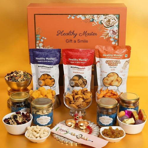 Healthy Master 10-Item Rakhi Gift Hamper | 1 Rakhi, Kismis, Kumkum Chawal | Quinoa Chips, Peri Peri Millet Balls, Bakarwadi,