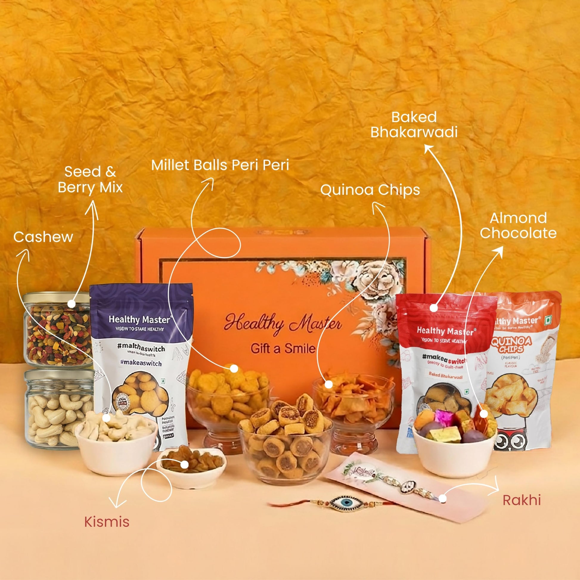 Healthy Master 10-Item Rakhi Gift Hamper | 1 Rakhi, Kismis, Kumkum Chawal | Quinoa Chips, Peri Peri Millet Balls, Bakarwadi, 