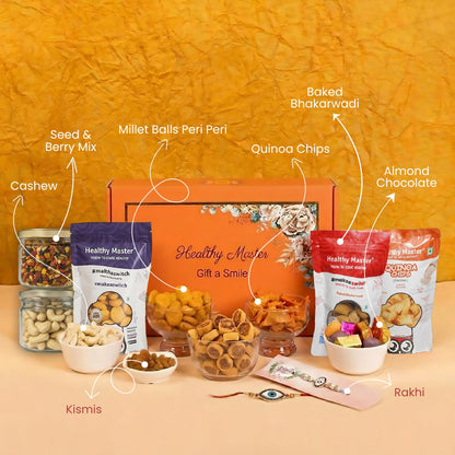 Healthy Master 10-Item Rakhi Gift Hamper | 1 Rakhi, Kismis, Kumkum Chawal | Quinoa Chips, Peri Peri Millet Balls, Bakarwadi, 