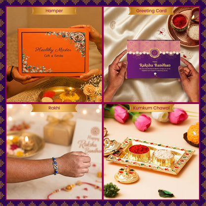 Healthy Master 10-Item Rakhi Gift Hamper | 1 Rakhi, Kismis, Kumkum Chawal | Quinoa Chips, Peri Peri Millet Balls, Bakarwadi, 