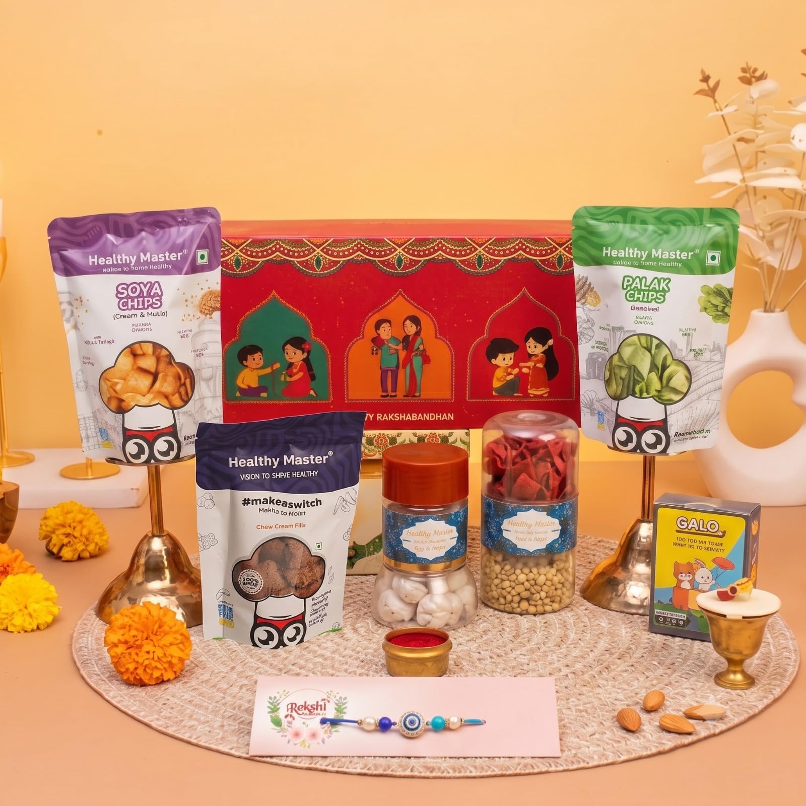 Healthy Master 10-Item Rakhi Gift Hamper | Card, Kumkum Chawal | Soya, Palak & Beetroot Chips, Pudina Millet Snacks & Choco C