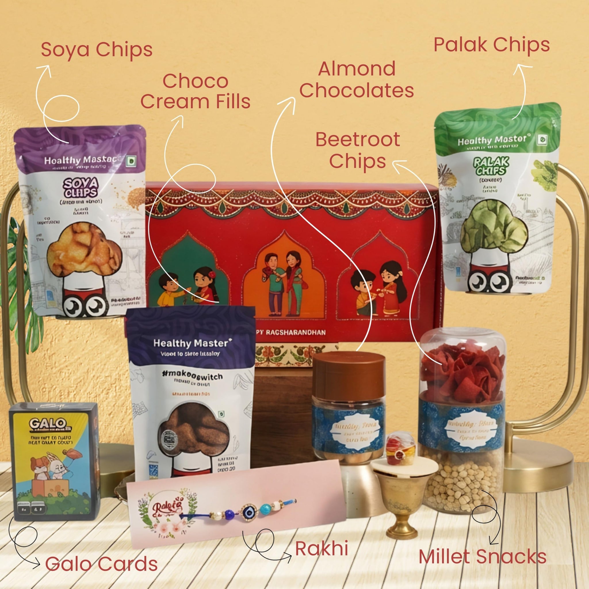 Healthy Master 10-Item Rakhi Gift Hamper | Card, Kumkum Chawal | Soya, Palak & Beetroot Chips, Pudina Millet Snacks & Choco C