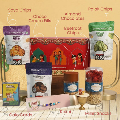 Healthy Master 10-Item Rakhi Gift Hamper | Card, Kumkum Chawal | Soya, Palak & Beetroot Chips, Pudina Millet Snacks & Choco C