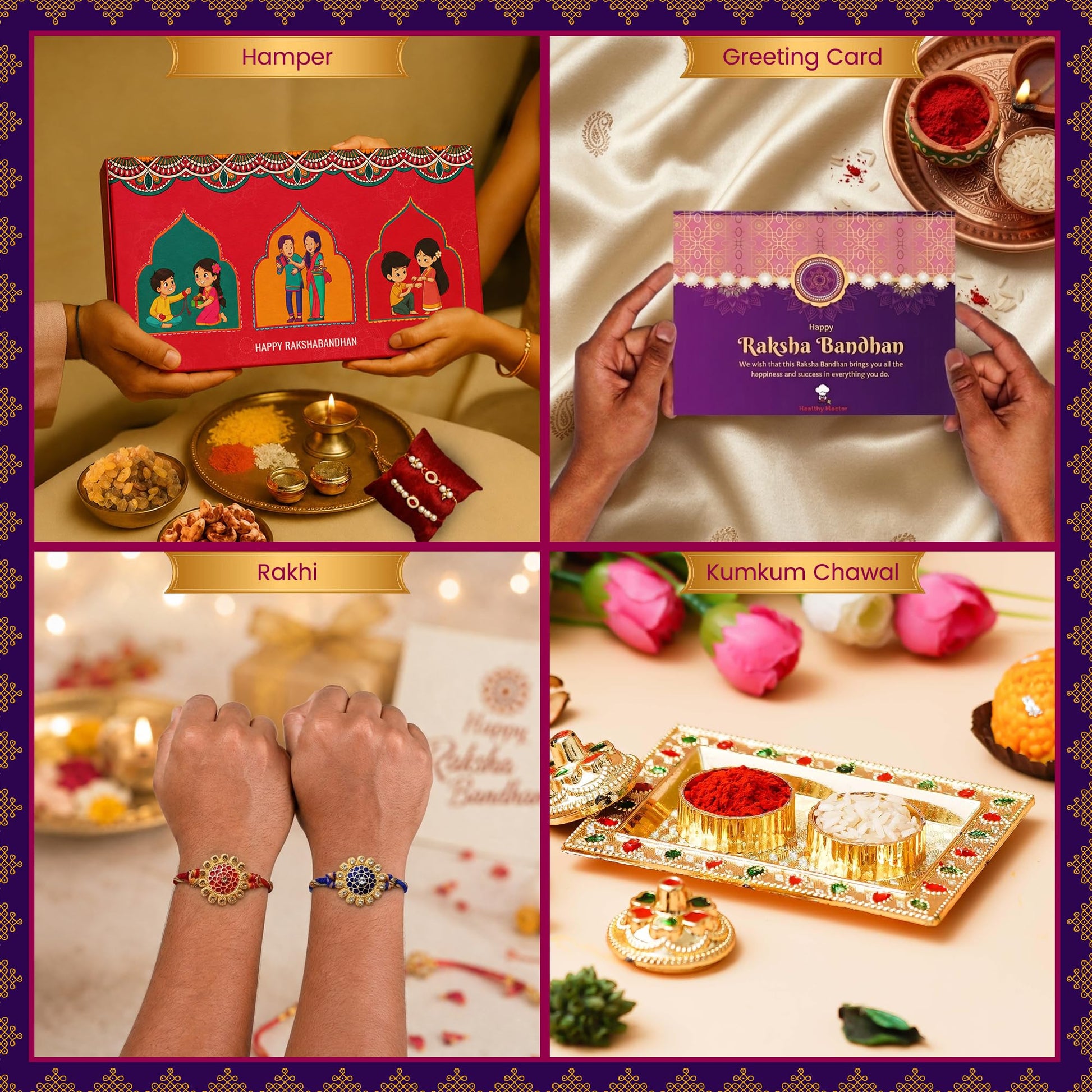 Healthy Master 10-Item Rakhi Gift Hamper | Card, Kumkum Chawal | Soya, Palak & Beetroot Chips, Pudina Millet Snacks & Choco C
