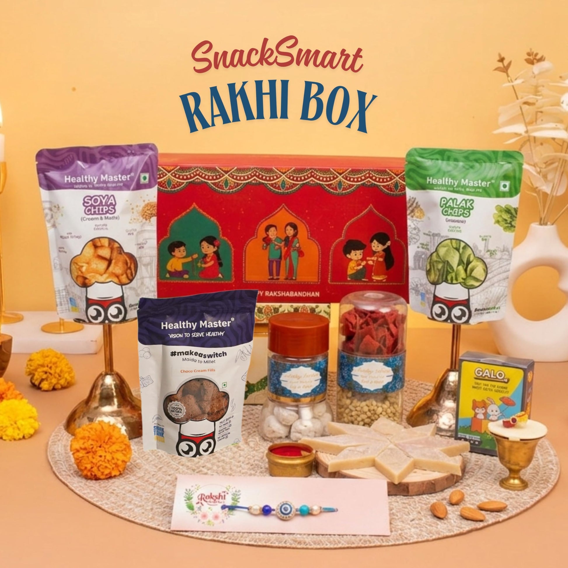 Healthy Master 10-Item Rakhi Gift Hamper | Card, Kumkum Chawal | Soya, Palak & Beetroot Chips, Pudina Millet Snacks & Choco C