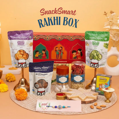 Healthy Master 10-Item Rakhi Gift Hamper | Card, Kumkum Chawal | Soya, Palak & Beetroot Chips, Pudina Millet Snacks & Choco C