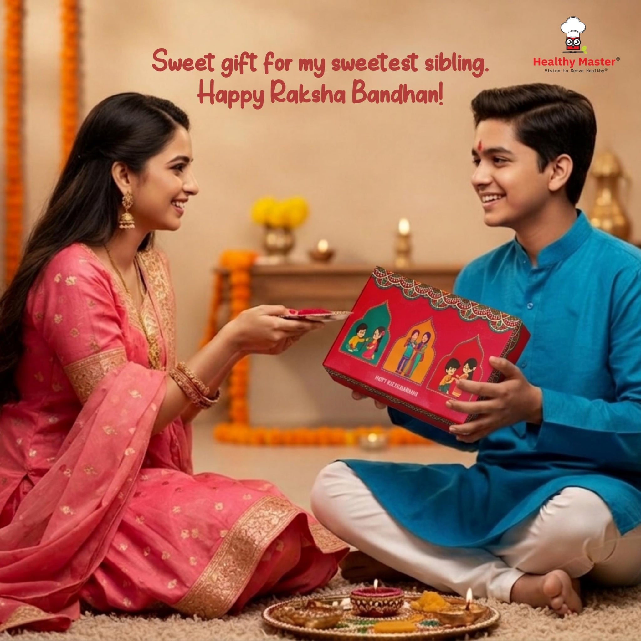 Healthy Master 10-Item Rakhi Gift Hamper | Card, Kumkum Chawal | Soya, Palak & Beetroot Chips, Pudina Millet Snacks & Choco C