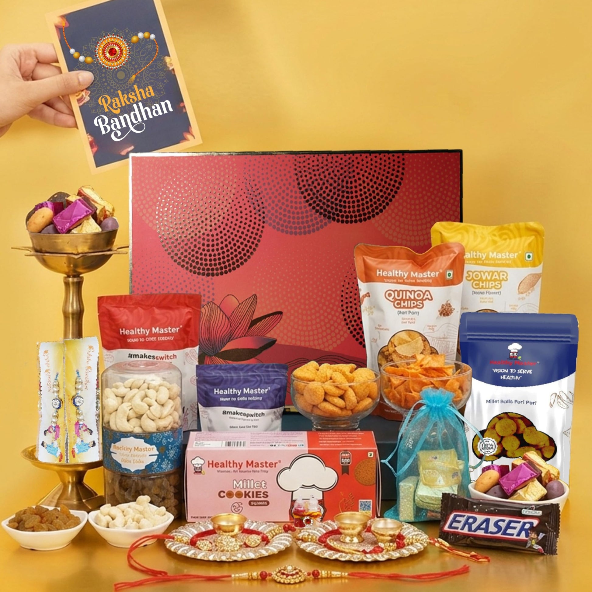 Healthy Master 12-Item Rakhi Gift Hamper | 4 Rakhi, Kumkum Chawal, | Quinoa Chips, Jowar Chips, Millet Snacks Pudina, Peri Pe
