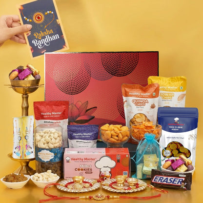Healthy Master 12-Item Rakhi Gift Hamper | 4 Rakhi, Kumkum Chawal, | Quinoa Chips, Jowar Chips, Millet Snacks Pudina, Peri Pe