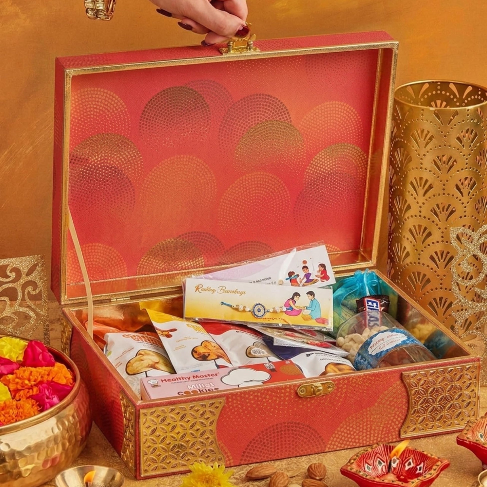 Healthy Master 12-Item Rakhi Gift Hamper | 4 Rakhi, Kumkum Chawal, | Quinoa Chips, Jowar Chips, Millet Snacks Pudina, Peri Pe