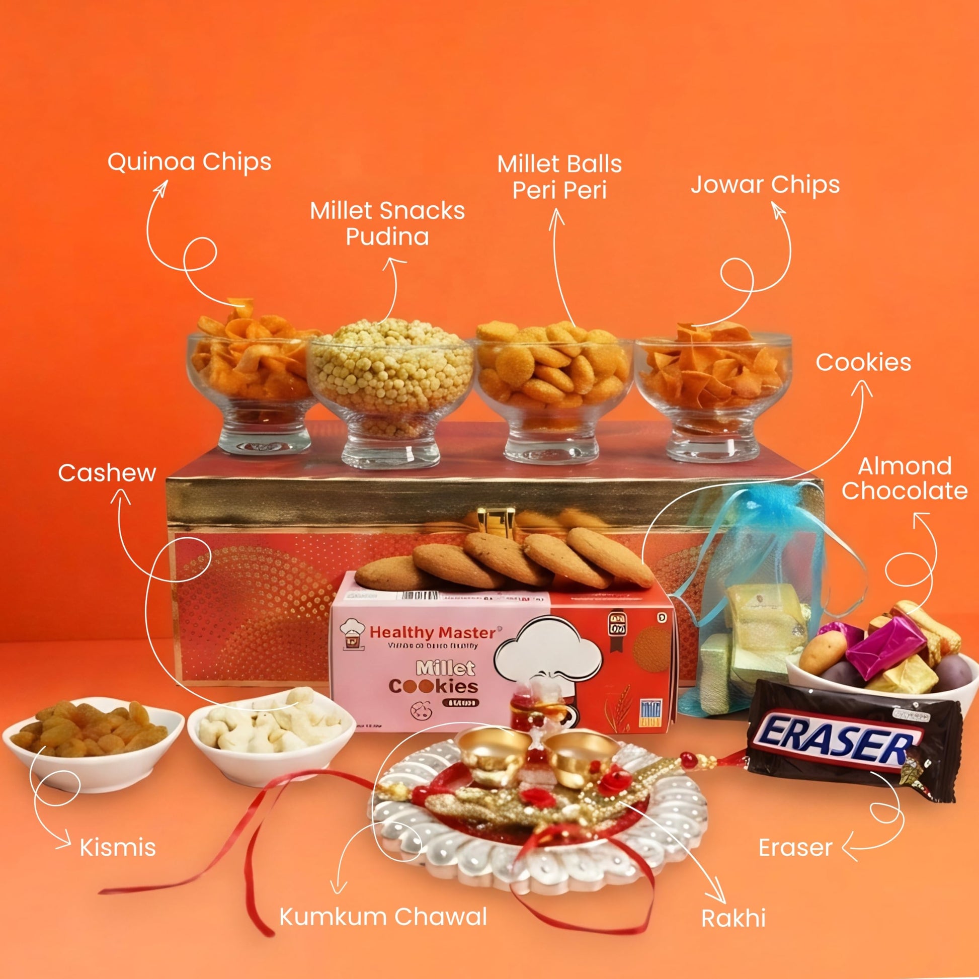 Healthy Master 12-Item Rakhi Gift Hamper | 4 Rakhi, Kumkum Chawal, | Quinoa Chips, Jowar Chips, Millet Snacks Pudina, Peri Pe
