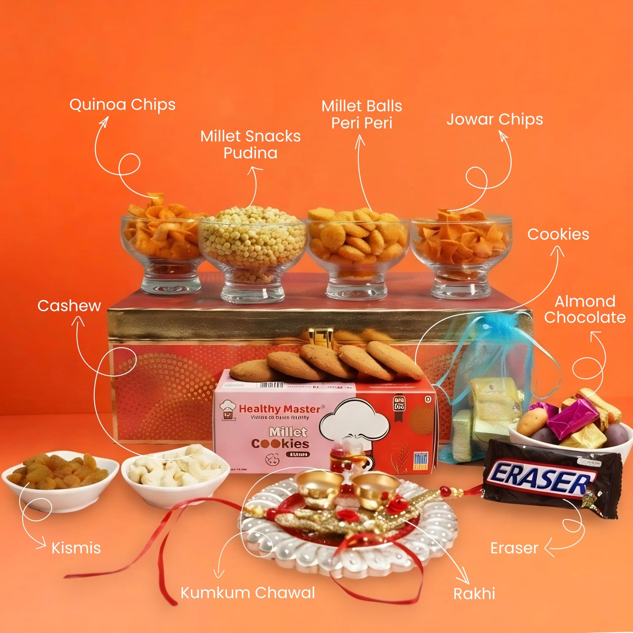 Healthy Master 12-Item Rakhi Gift Hamper | 4 Rakhi, Kumkum Chawal, | Quinoa Chips, Jowar Chips, Millet Snacks Pudina, Peri Pe