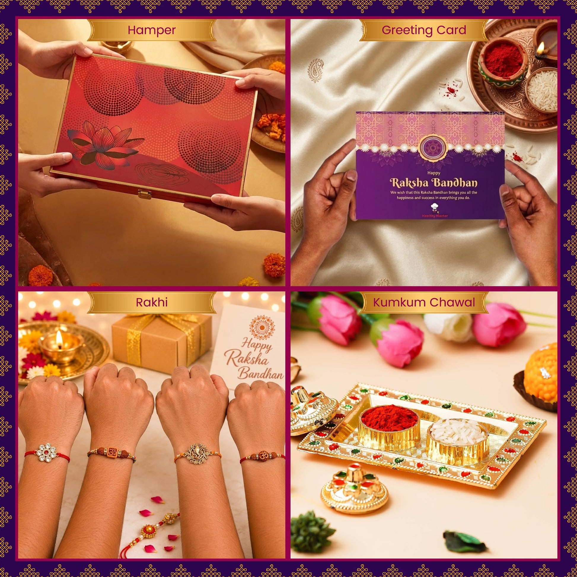 Healthy Master 12-Item Rakhi Gift Hamper | 4 Rakhi, Kumkum Chawal, | Quinoa Chips, Jowar Chips, Millet Snacks Pudina, Peri Pe