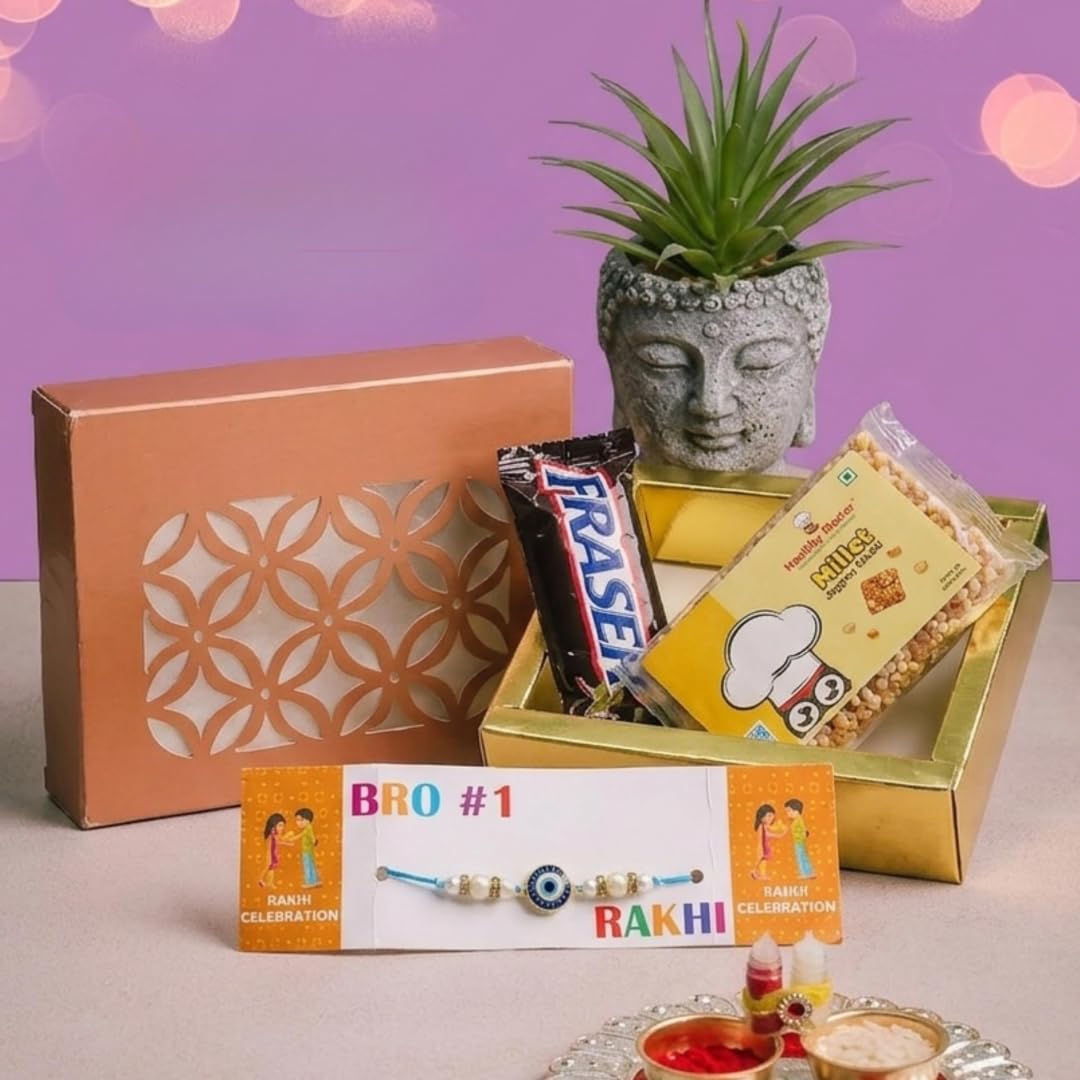 Healthy Master 5-Item Rakhi Gift Hamper | 1 Rakhi, & Kumkum Chawal | Chikki, Eraser & Greeting card | Healthy Raksha Bandhan