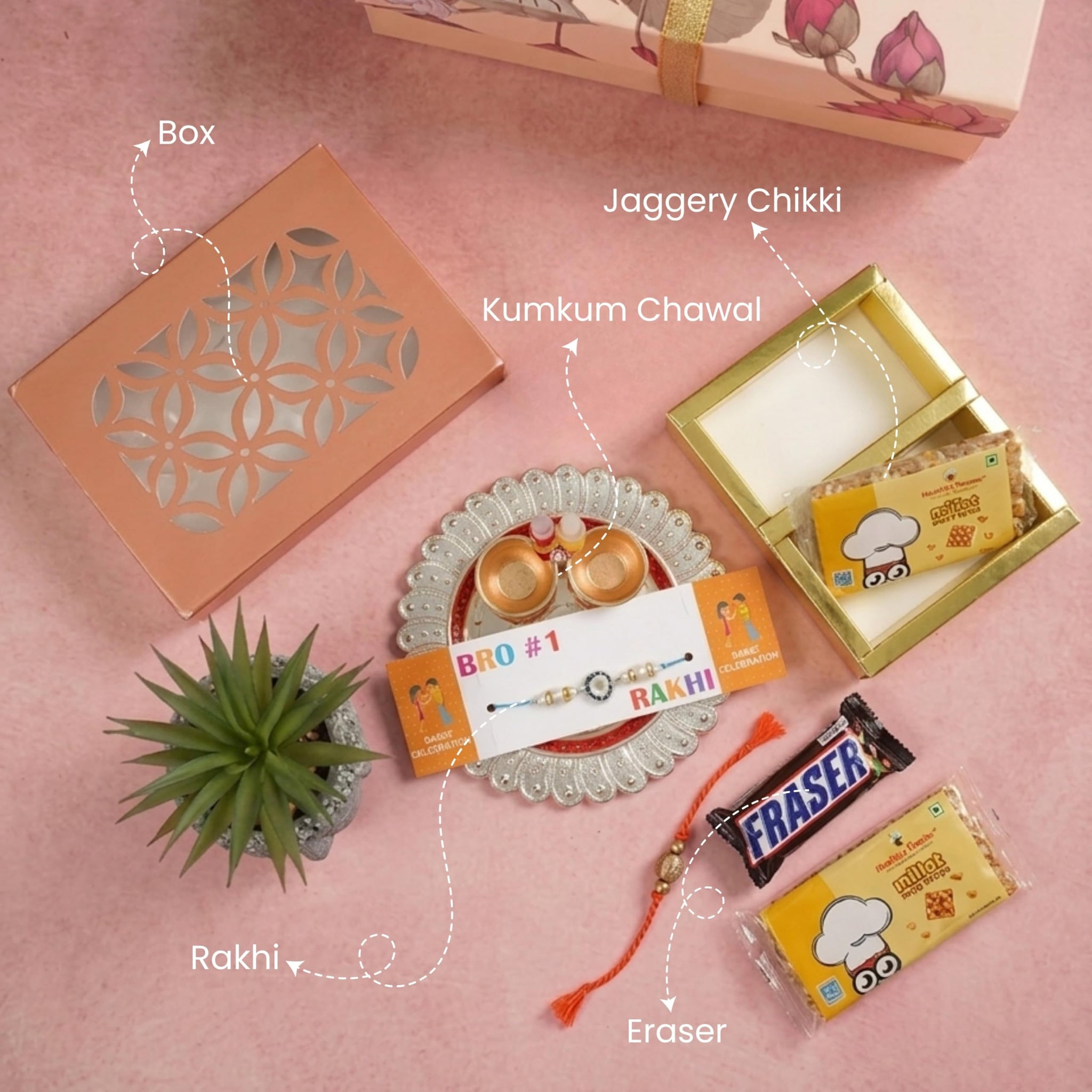 Healthy Master 5-Item Rakhi Gift Hamper | 1 Rakhi, & Kumkum Chawal | Chikki, Eraser & Greeting card | Healthy Raksha Bandhan 
