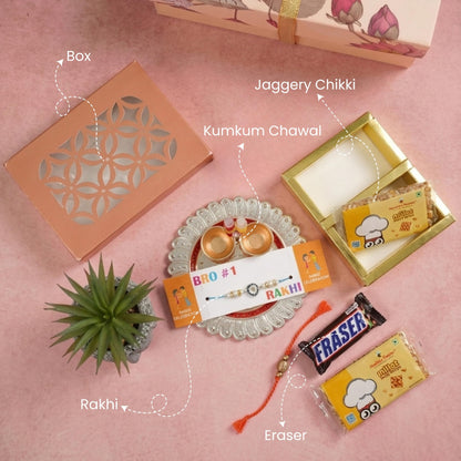 Healthy Master 5-Item Rakhi Gift Hamper | 1 Rakhi, & Kumkum Chawal | Chikki, Eraser & Greeting card | Healthy Raksha Bandhan 
