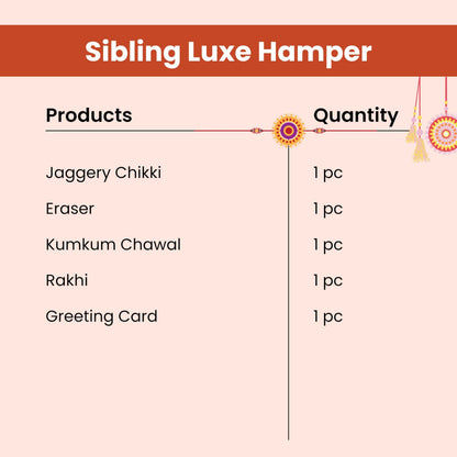 Healthy Master 5-Item Rakhi Gift Hamper | 1 Rakhi, & Kumkum Chawal | Chikki, Eraser & Greeting card | Healthy Raksha Bandhan 