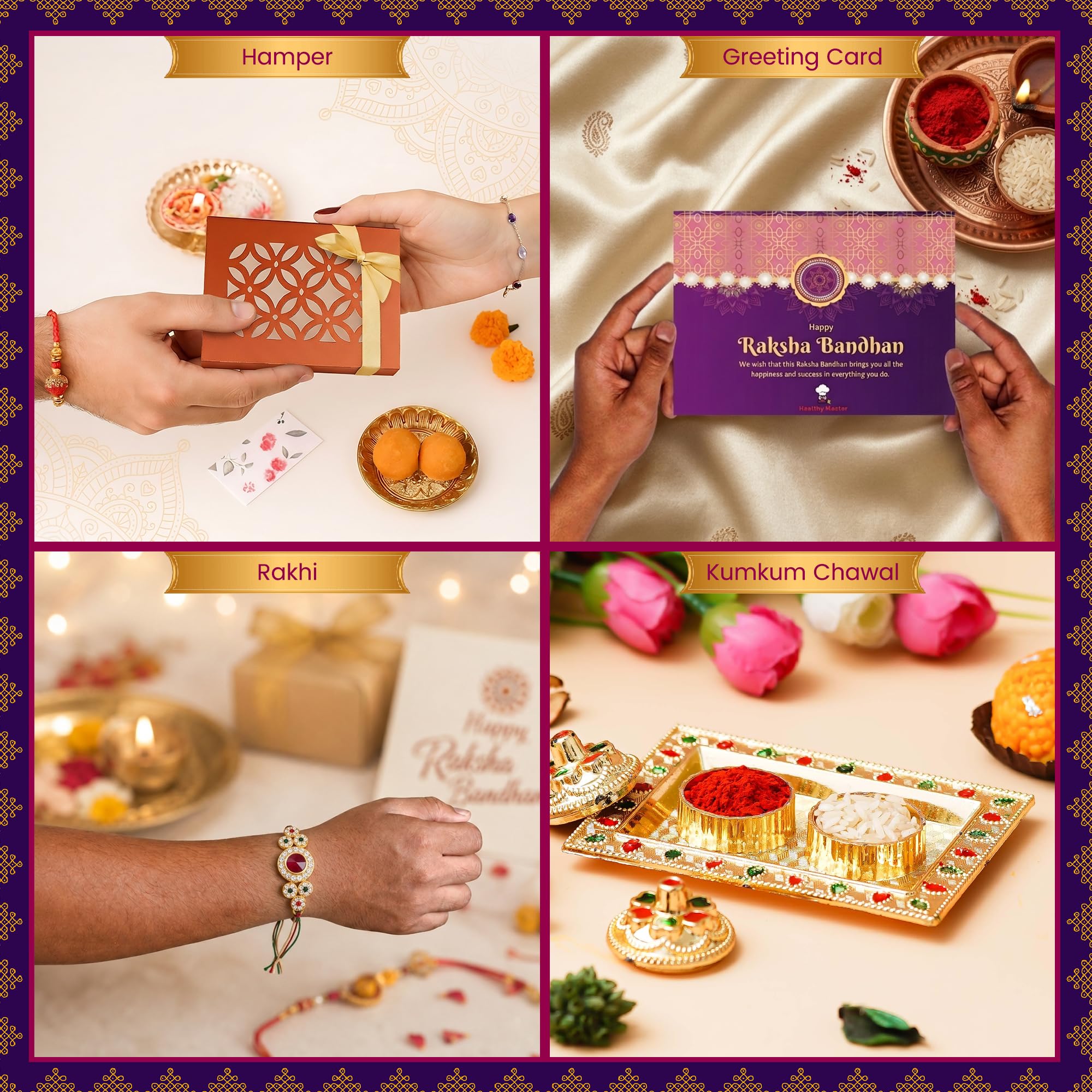 Healthy Master 5-Item Rakhi Gift Hamper | 1 Rakhi, & Kumkum Chawal | Chikki, Eraser & Greeting card | Healthy Raksha Bandhan 