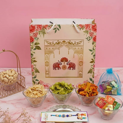 Healthy Master 7-Item Rakhi Gift Hamper | 1 Rakhi, Kumkum chawal, Greeting Card | Oats Chips, Palak Chips, Mixed Veg Chips &