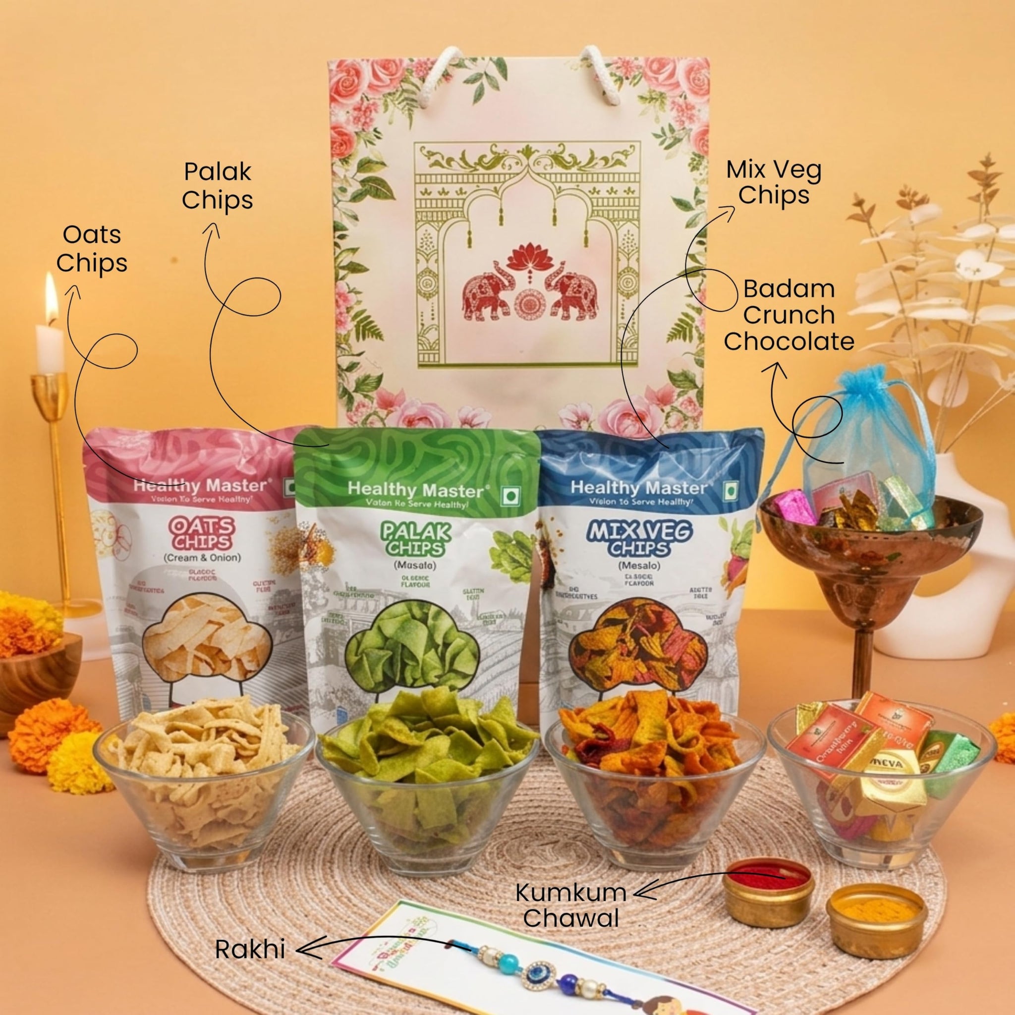 Healthy Master 7-Item Rakhi Gift Hamper | 1 Rakhi, Kumkum chawal, Greeting Card | Oats Chips, Palak Chips, Mixed Veg Chips & 