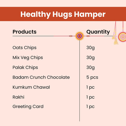 Healthy Master 7-Item Rakhi Gift Hamper | 1 Rakhi, Kumkum chawal, Greeting Card | Oats Chips, Palak Chips, Mixed Veg Chips & 