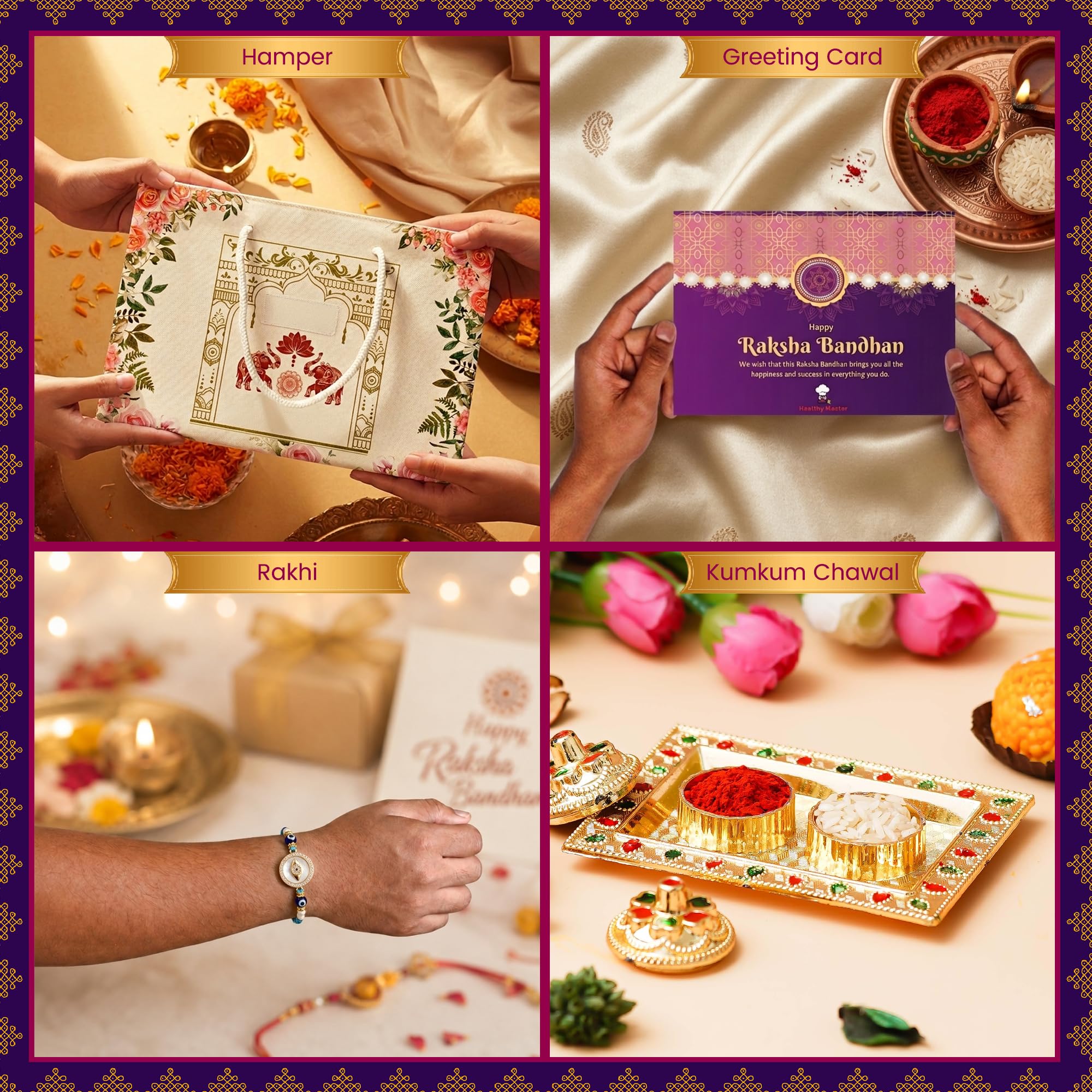 Healthy Master 7-Item Rakhi Gift Hamper | 1 Rakhi, Kumkum chawal, Greeting Card | Oats Chips, Palak Chips, Mixed Veg Chips & 