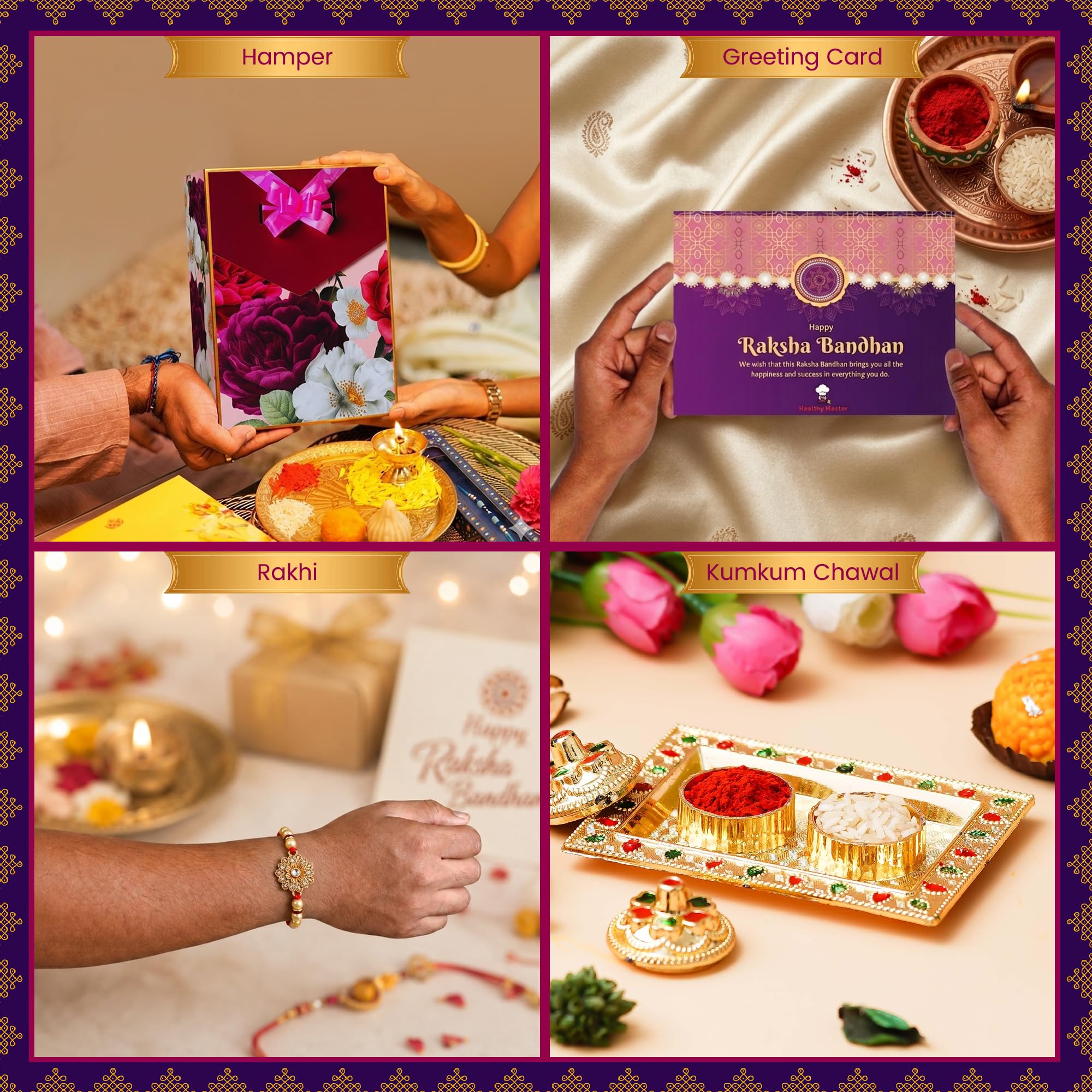 Healthy Master 8-Item Rakhi Gift Hamper with Rakhi, Greeting Card, Chikki, Eraser Chocolate & Kumkum Chawal | Traditional Rak