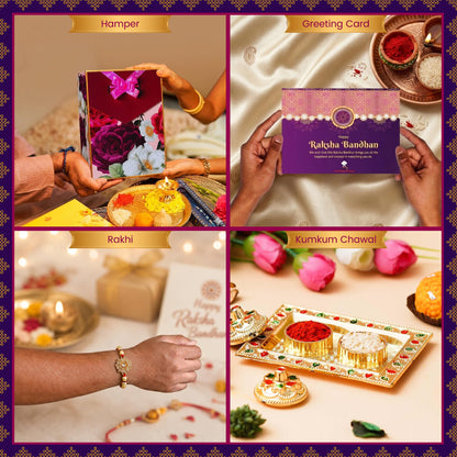 Healthy Master 8-Item Rakhi Gift Hamper with Rakhi, Greeting Card, Chikki, Eraser Chocolate & Kumkum Chawal | Traditional Rak