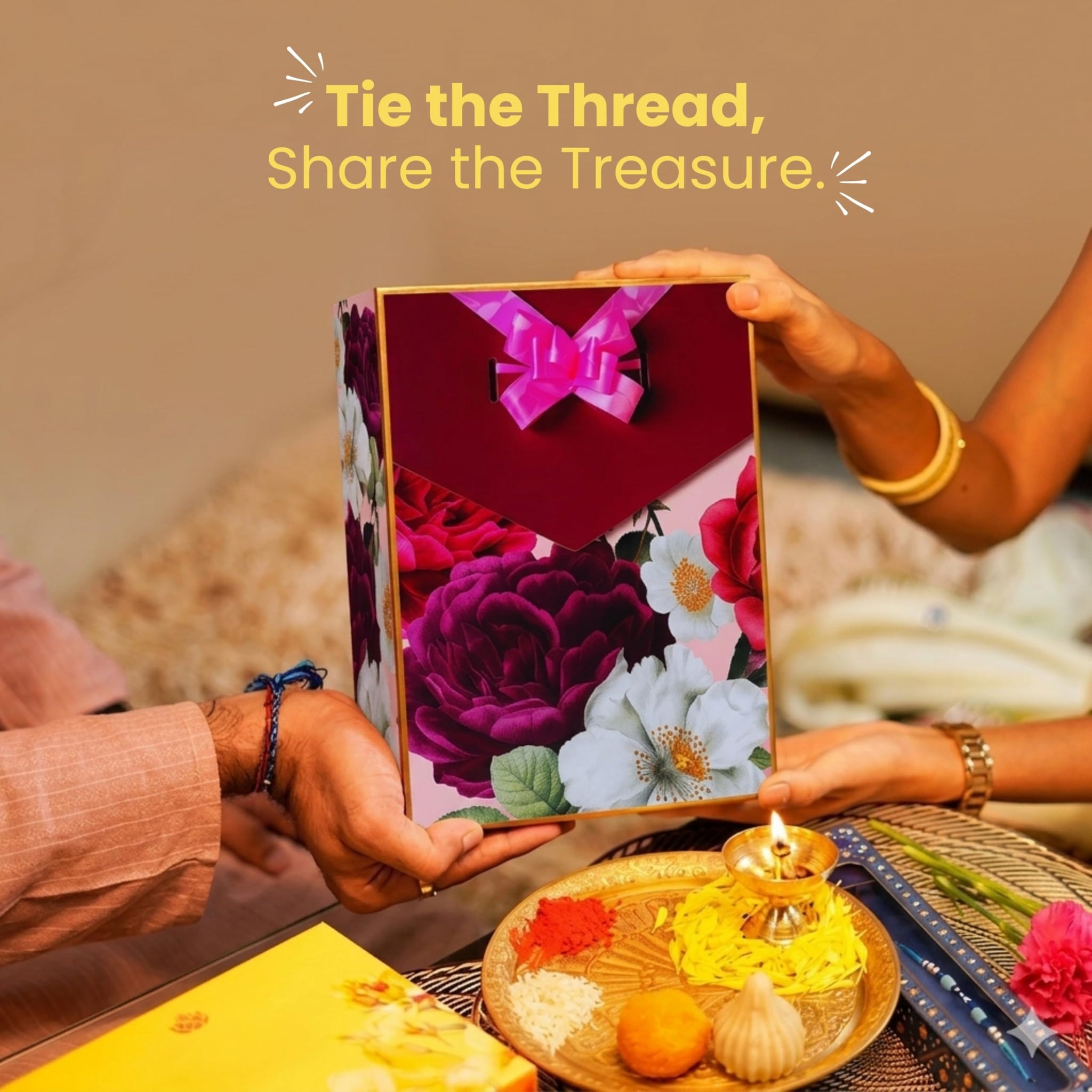 Healthy Master 8-Item Rakhi Gift Hamper with Rakhi, Greeting Card, Chikki, Eraser Chocolate & Kumkum Chawal | Traditional Rak