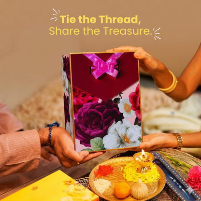 Healthy Master 8-Item Rakhi Gift Hamper with Rakhi, Greeting Card, Chikki, Eraser Chocolate & Kumkum Chawal | Traditional Rak