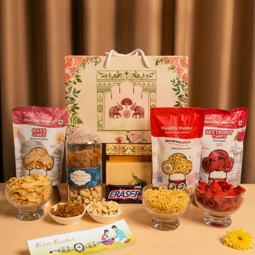 Healthy Master 9-Item Rakhi Gift Hamper | 1 Rakhi, Kismis, Kumkum Chawal | Oats Chips, Beetroot Chips, Pudina Millet Snacks,