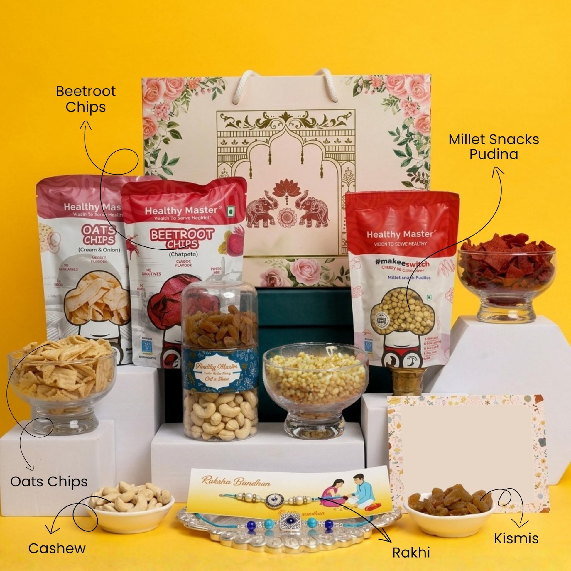 Healthy Master 9-Item Rakhi Gift Hamper | 1 Rakhi, Kismis, Kumkum Chawal | Oats Chips, Beetroot Chips, Pudina Millet Snacks, 