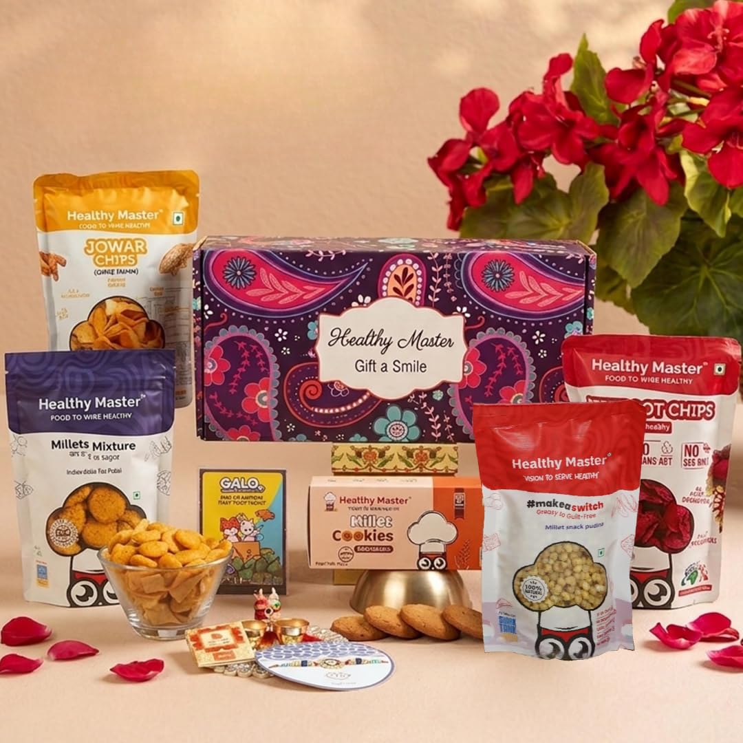 Healthy Master 9-Item Rakhi Gift Hamper | Card, Kumkum Chawal, Rakhi | Beetroot Chips, Jowar Chips, Cheddar Millet Balls, Mil