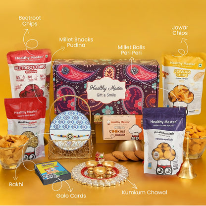 Healthy Master 9-Item Rakhi Gift Hamper | Card, Kumkum Chawal, Rakhi | Beetroot Chips, Jowar Chips, Cheddar Millet Balls, Mil