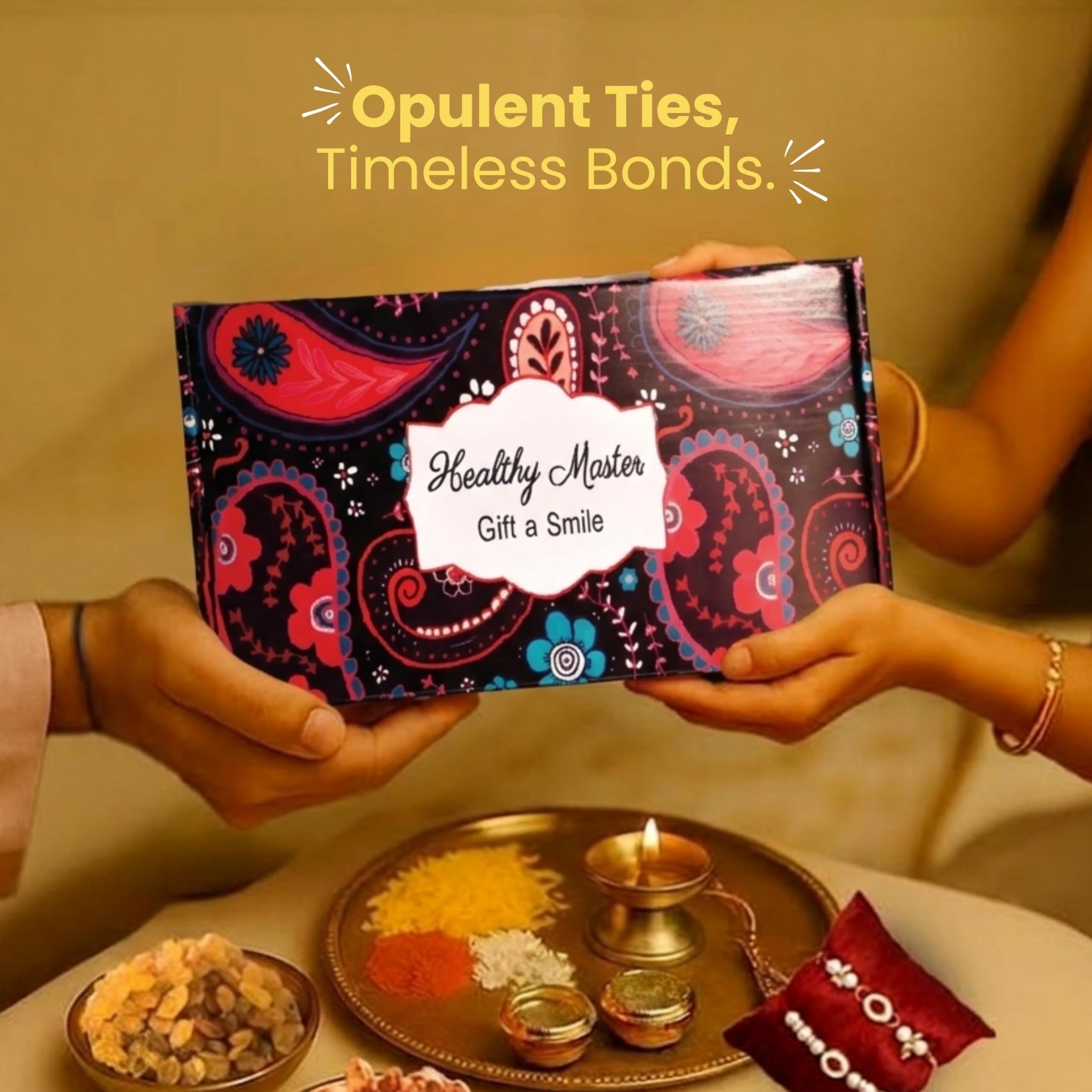 Healthy Master 9-Item Rakhi Gift Hamper | Card, Kumkum Chawal, Rakhi | Beetroot Chips, Jowar Chips, Cheddar Millet Balls, Mil