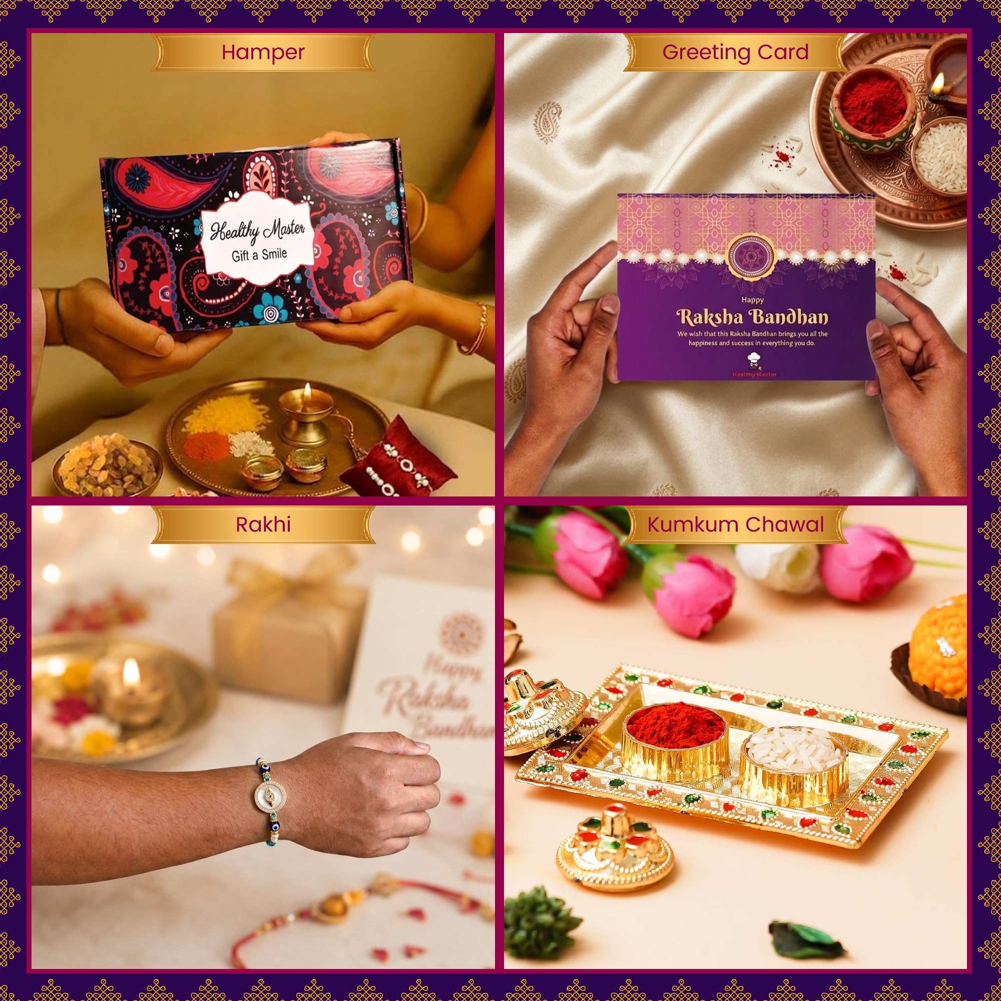 Healthy Master 9-Item Rakhi Gift Hamper | Card, Kumkum Chawal, Rakhi | Beetroot Chips, Jowar Chips, Cheddar Millet Balls, Mil