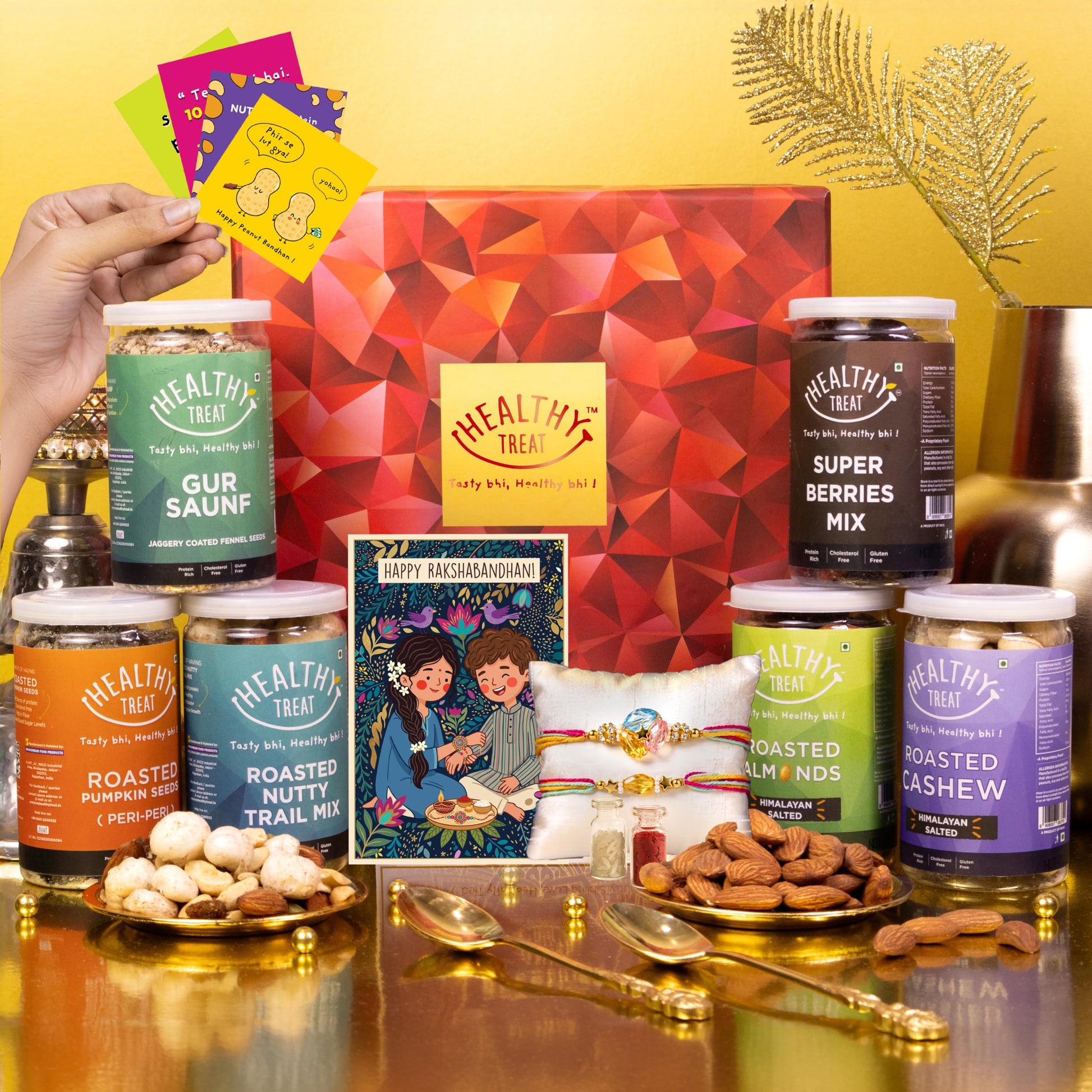 Healthy Royal Rakhi Gift Hamper | Roasted Dry-Fruits & Nuts Gift's Pack | A pair of Rakhii, Roli Chawal, Greeting Card, Rakhi