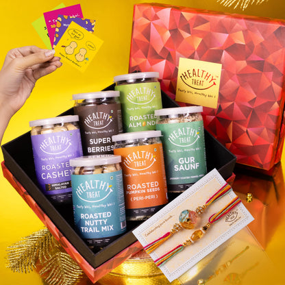 Healthy Royal Rakhi Gift Hamper | Roasted Dry-Fruits & Nuts Gift's Pack | A pair of Rakhii, Roli Chawal, Greeting Card, Rakhi