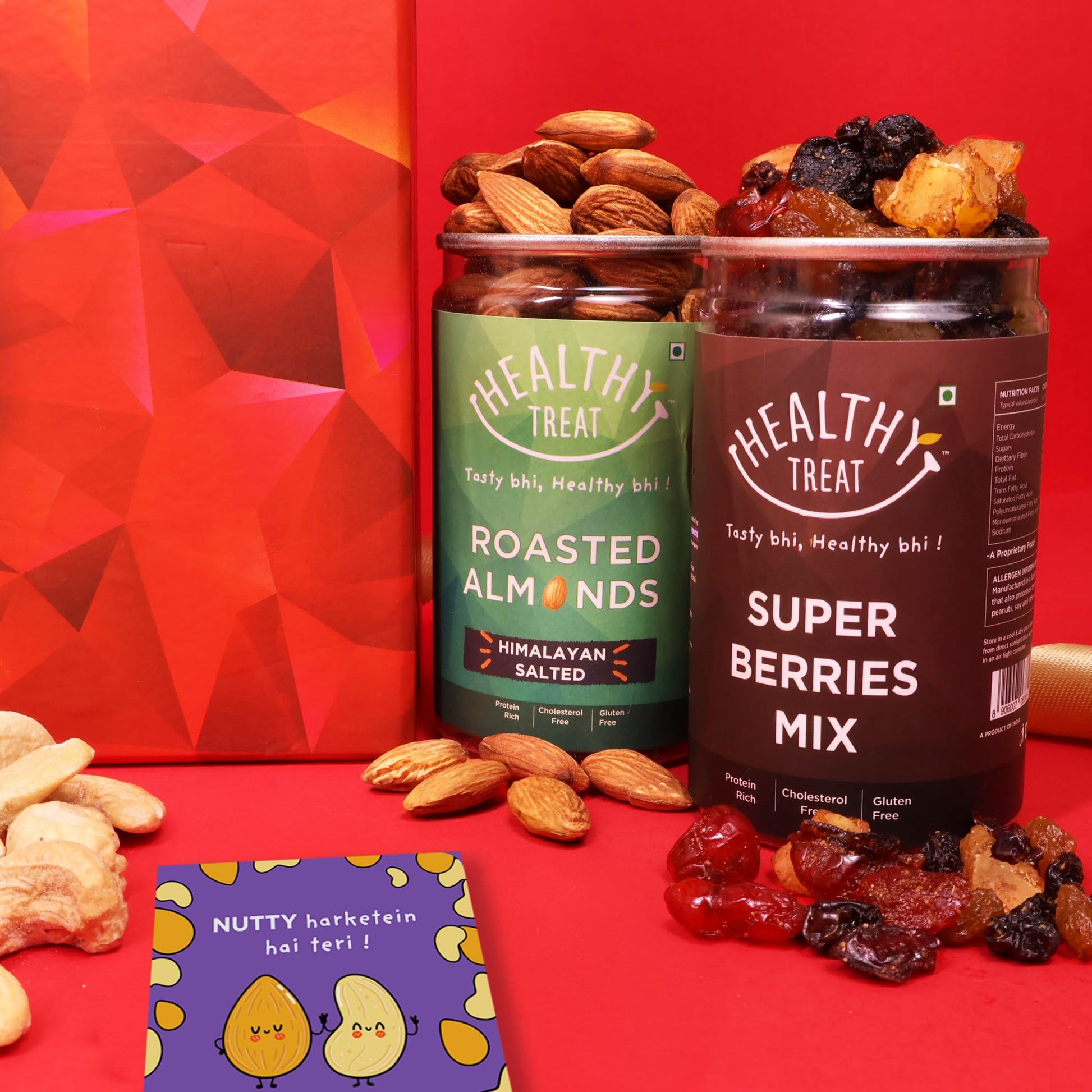 Healthy Royal Rakhi Gift Hamper | Roasted Dry-Fruits & Nuts Gift's Pack | A pair of Rakhii, Roli Chawal, Greeting Card, Rakhi