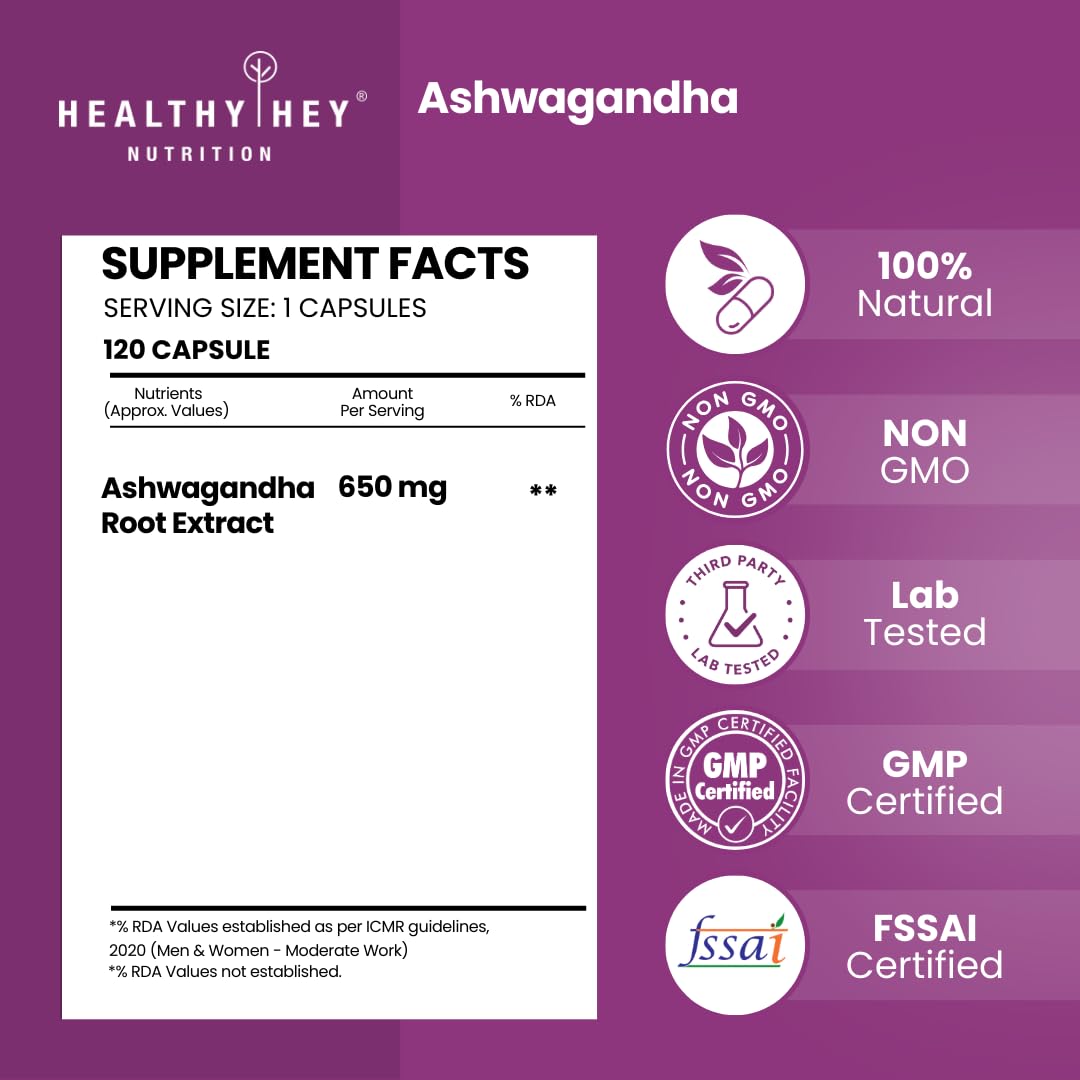 HealthyHey Nutrition Ashwagandha Capsules, 120 Count, Organic Root Powder, Withania Somnifera, 170g - front view