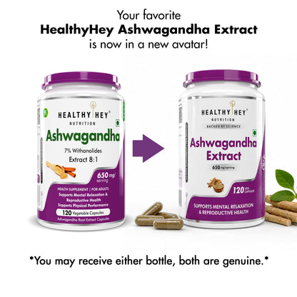 HealthyHey Nutrition Ashwagandha Capsules, 120 Count, Organic Root Powder, Withania Somnifera, 170g - back view