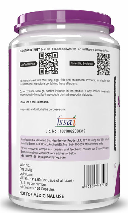 HealthyHey Nutrition Ashwagandha Capsules, 120 Count, Organic Root Powder, Withania Somnifera, 170g - size and scale